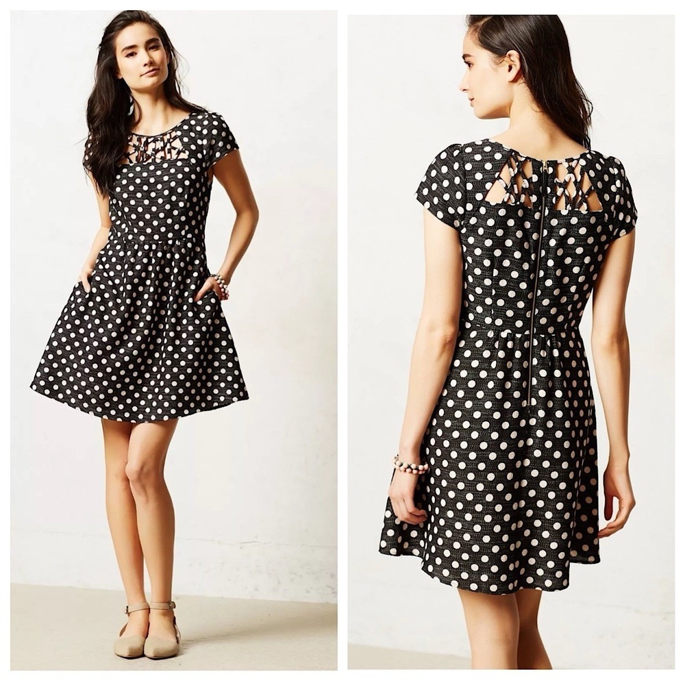 Anthropologie Maeve Nikola Mini Dress Sz 12 Black Polka Dot Cutout Detail